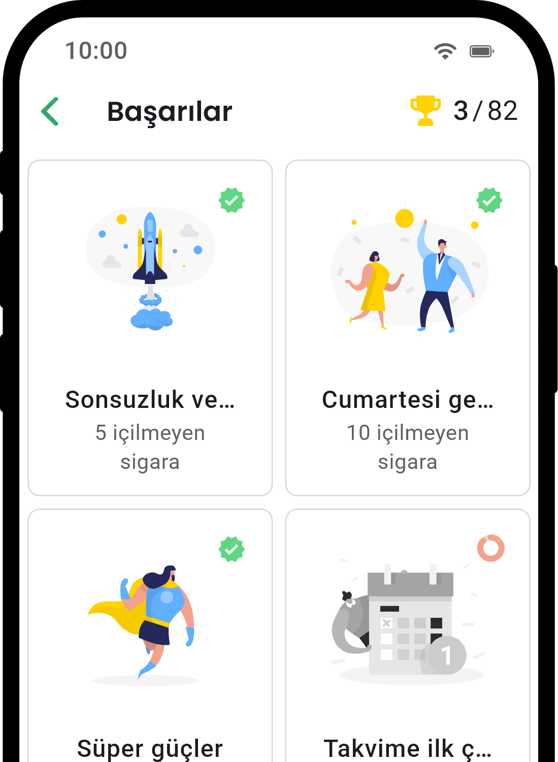 QuitNow app achievements screen showing user progress