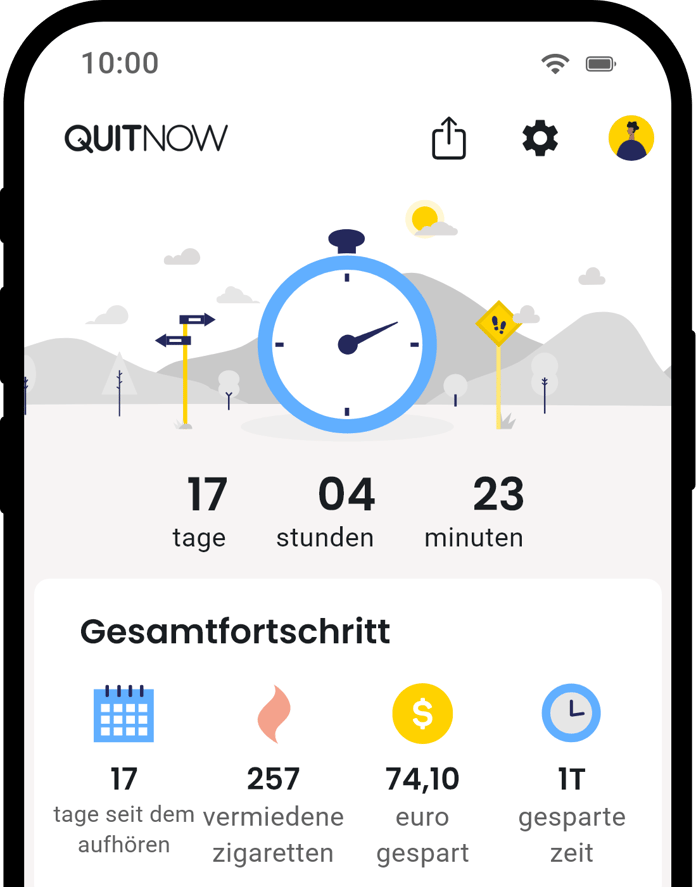 QuitNow App Startbildschirm zeigt Fortschritt beim Rauchstopp
