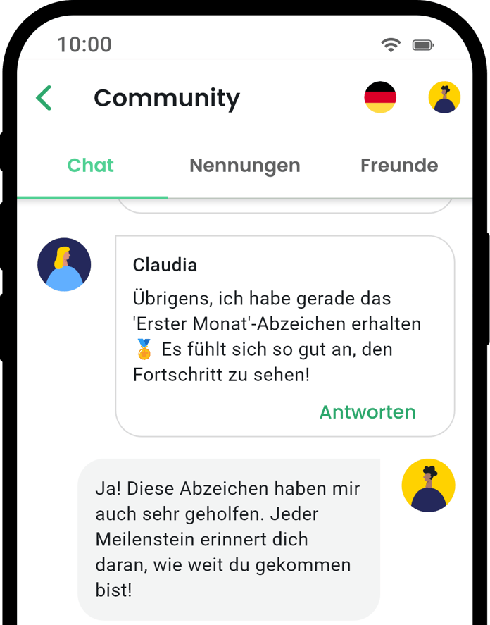 QuitNow App Community-Bildschirm zeigt Benutzerunterstützung