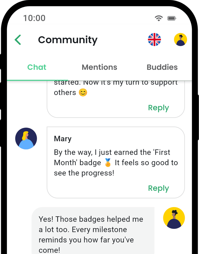 QuitNow app community screen showing user support