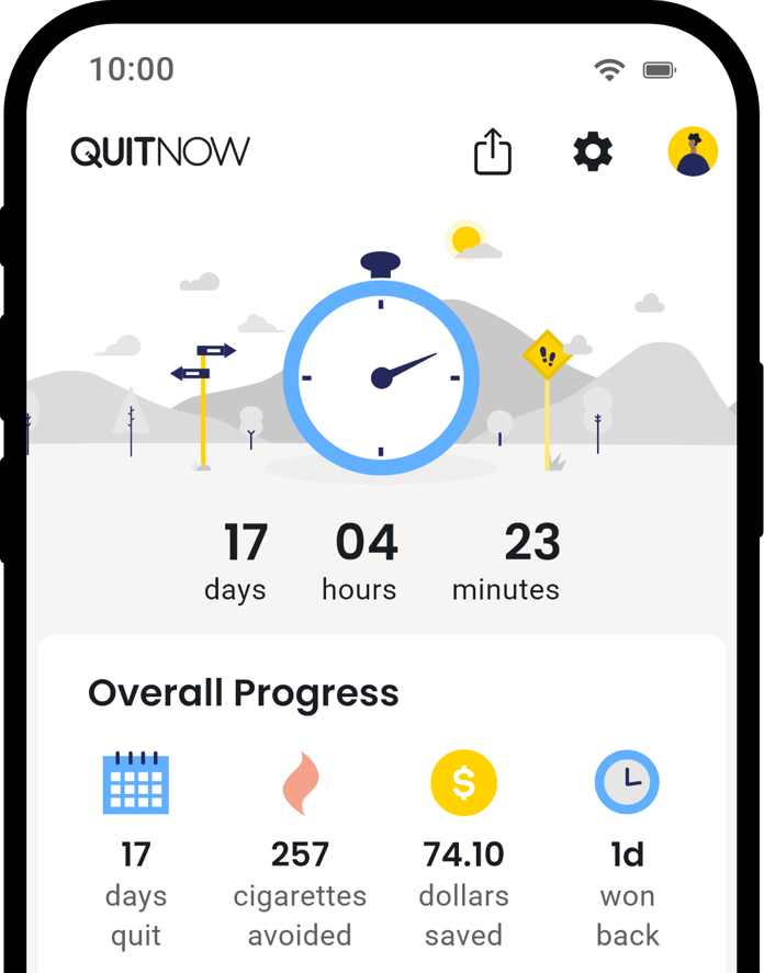 QuitNow app home screen showing quit smoking progress