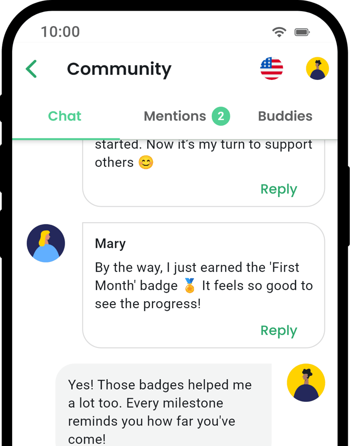 QuitNow app community screen showing user support