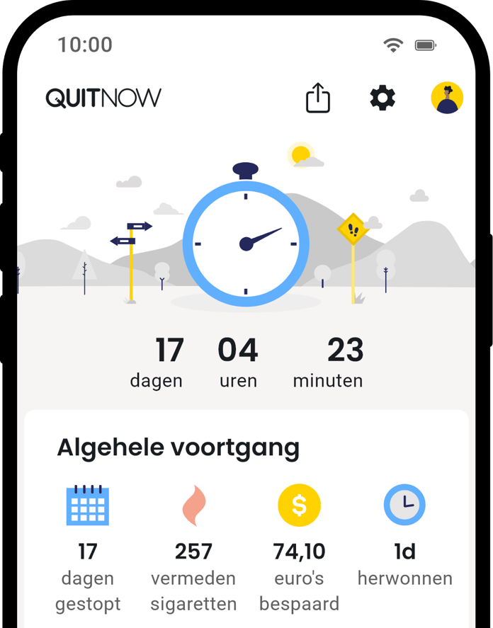 QuitNow app home screen showing quit smoking progress