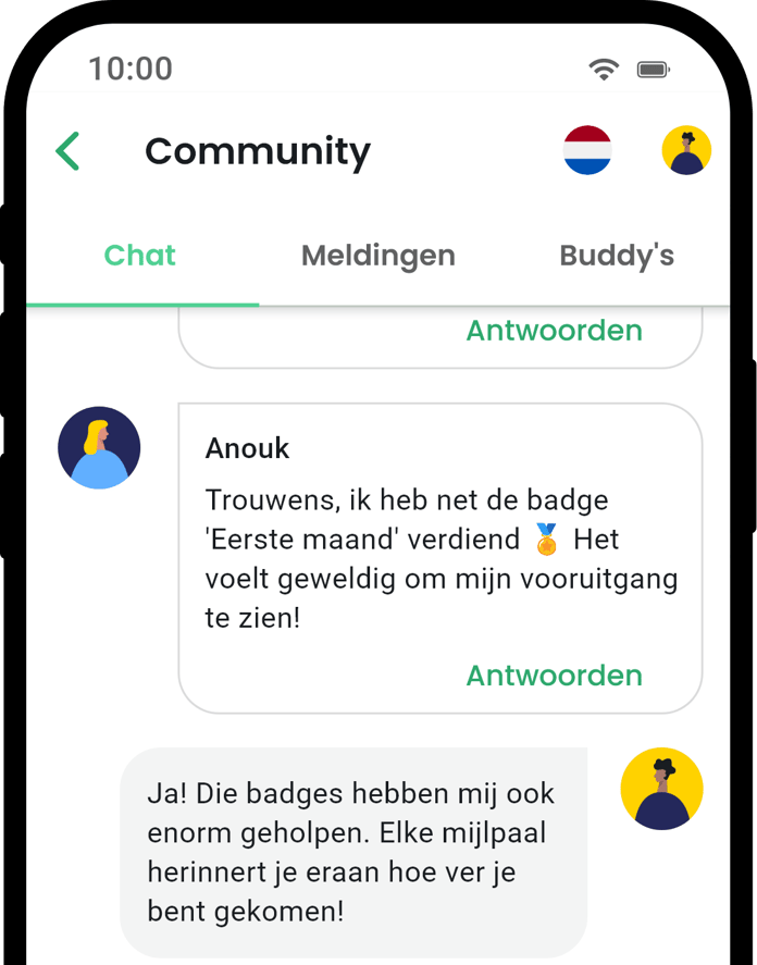 QuitNow app community screen showing user support