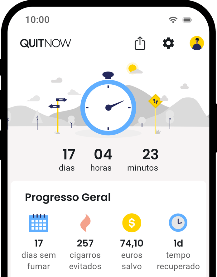 Tela inicial do aplicativo QuitNow mostrando progresso para parar de fumar