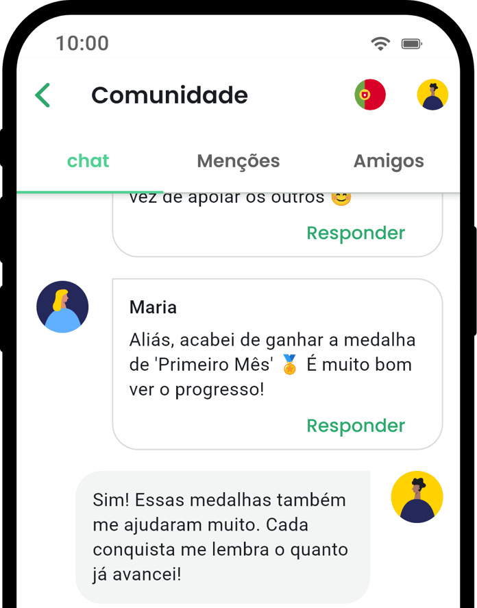 Tela de comunidade do aplicativo QuitNow mostrando suporte do usuário