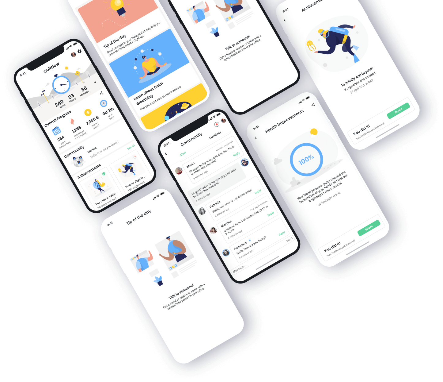 QuitNow app main interface showing quit smoking progress